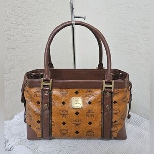 MCM Brown Monogram Medium Handbag Satchel AUTHENTIC